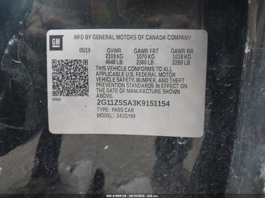 2019 CHEVROLET IMPALA VIN: 2G11Z5SA3K9151154