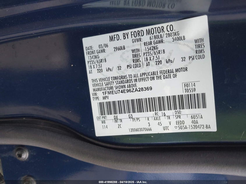2006 FORD EXPLORER VIN: 1FMEU74E96ZA28369