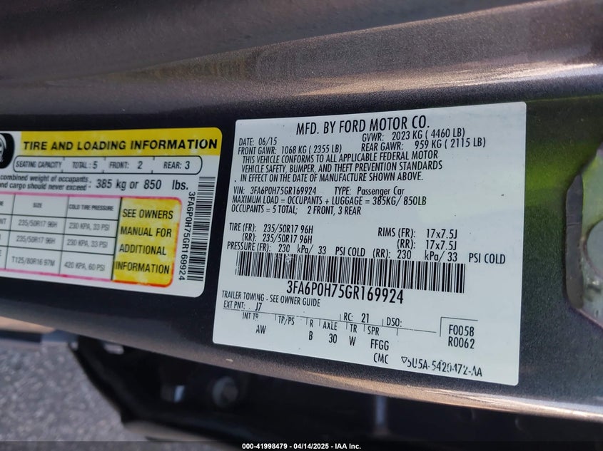 2016 FORD FUSION VIN: 3FA6P0H75GR169924