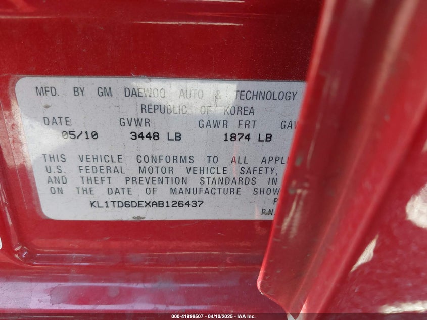 2010 CHEVROLET AVEO VIN: KL1TD6DEXAB126437