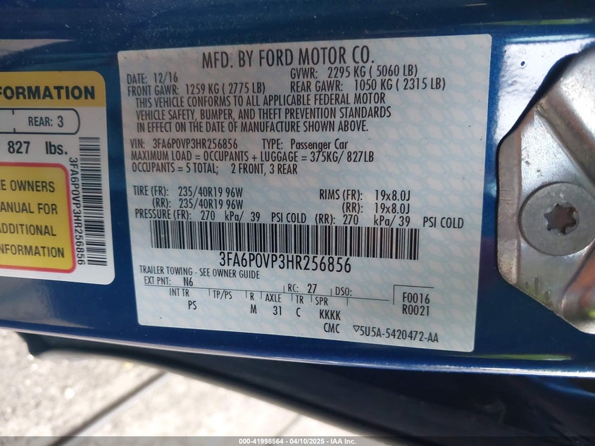 2017 FORD FUSION VIN: 3FA6P0VP3HR256856