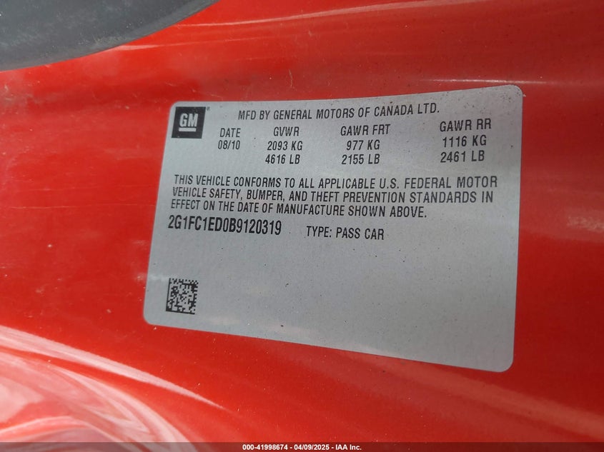 2011 CHEVROLET CAMARO VIN: 2G1FC1ED0B9120319