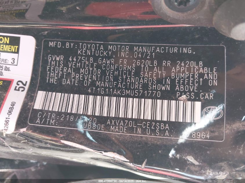 2021 Toyota Camry Se VIN: 4T1G11AK3MU571770 Lot: 41998730