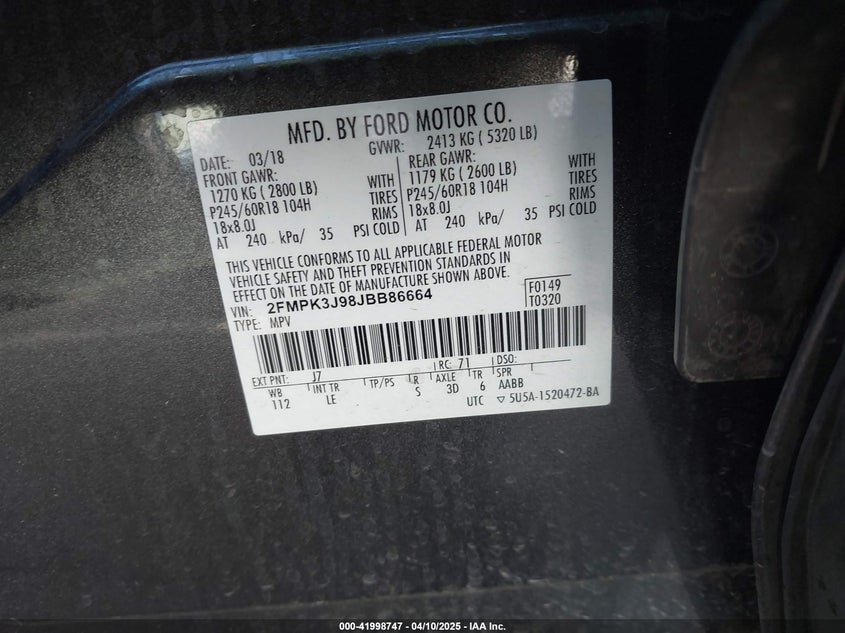 VIN 2FMPK3J98JBB86664 2018 FORD EDGE SEL
