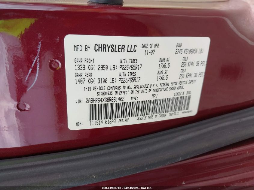 2008 Chrysler Town & Country Limited VIN: 2A8HR64X68R661402 Lot: 41998748