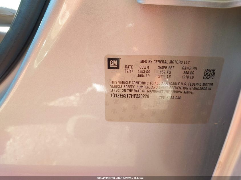 2017 Chevrolet Malibu 1Lt VIN: 1G1ZE5ST7HF220220 Lot: 41998758
