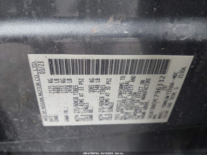 2023 Nissan Rogue Sv Intelligent Awd VIN: 5N1BT3BB7PC796332 Lot: 41998764