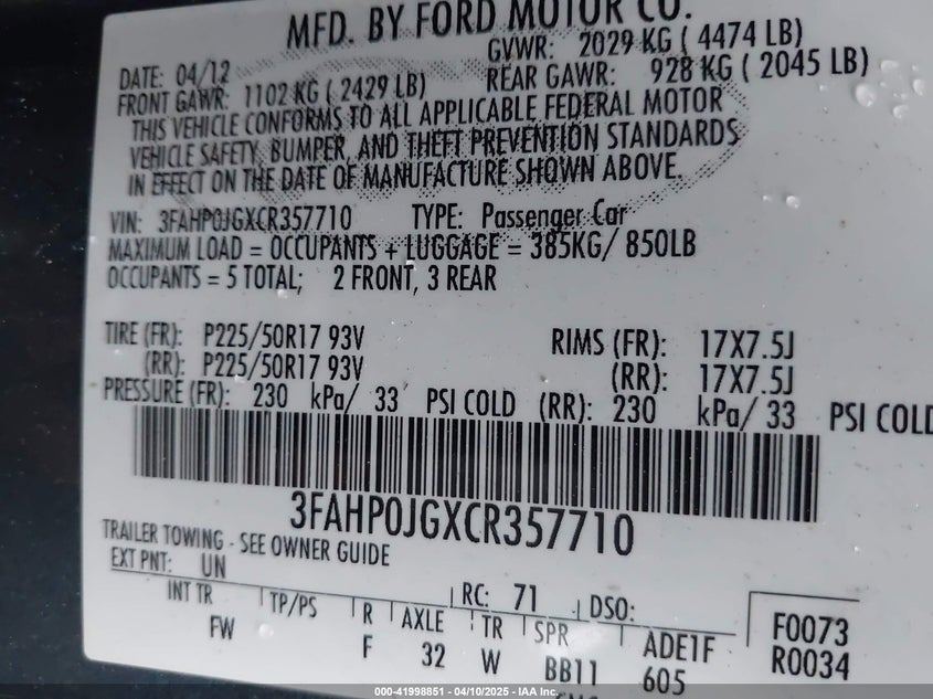 2012 FORD FUSION VIN: 3FAHP0JGXCR357710