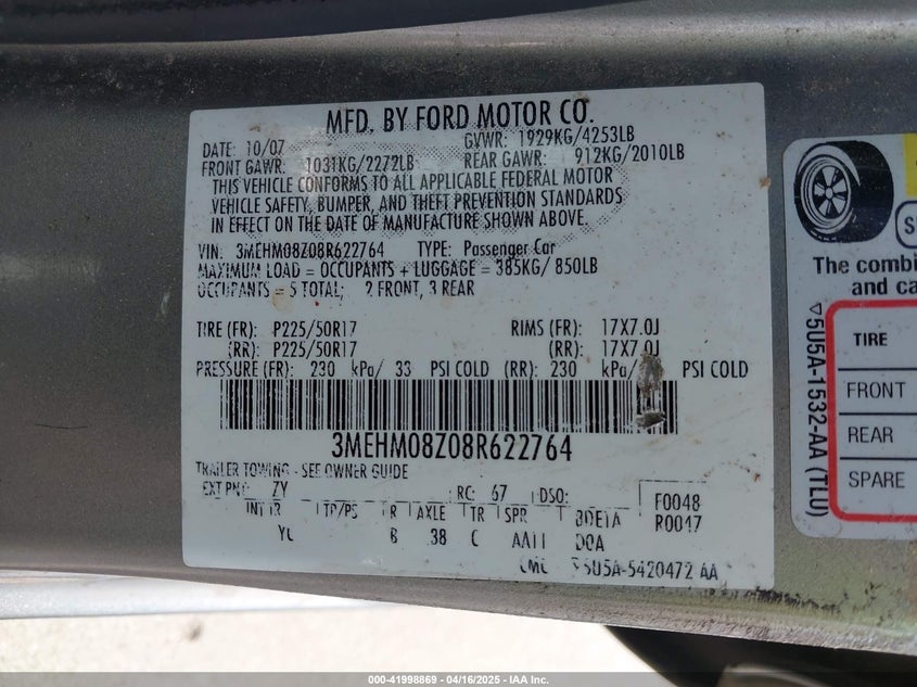 2008 MERCURY MILAN VIN: 3MEHM08Z08R622764