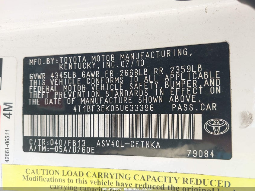 2011 TOYOTA CAMRY VIN: 4T1BF3EK0BU633396