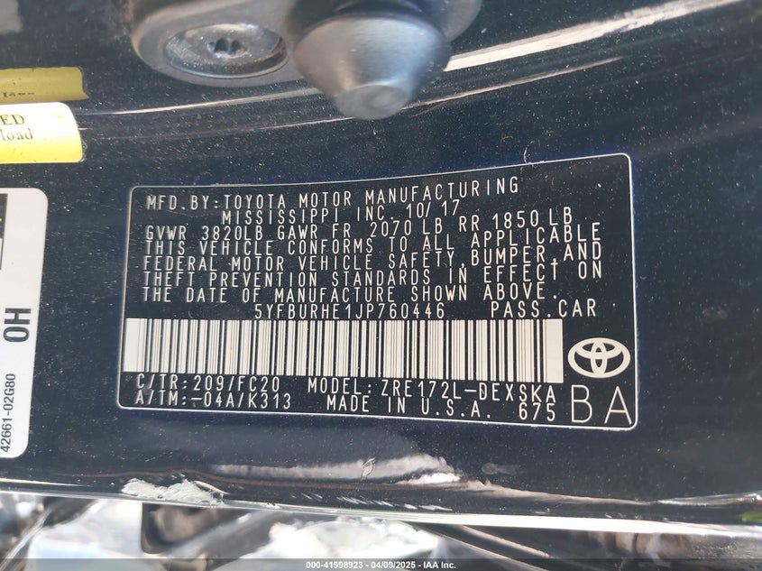2018 TOYOTA COROLLA VIN: 5YFBURHE1JP760446