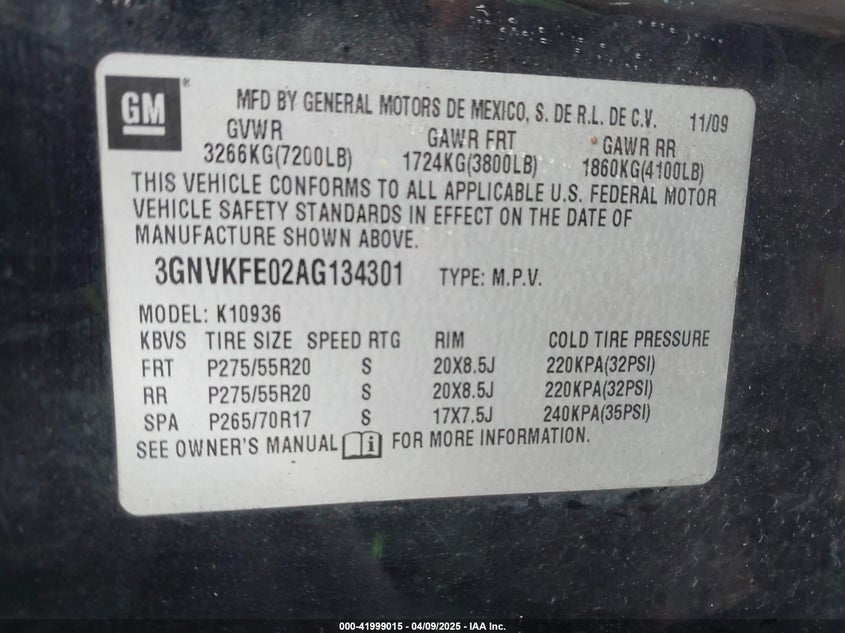 2010 CHEVROLET AVALANCHE 1500 VIN: 3GNVKFE02AG134301