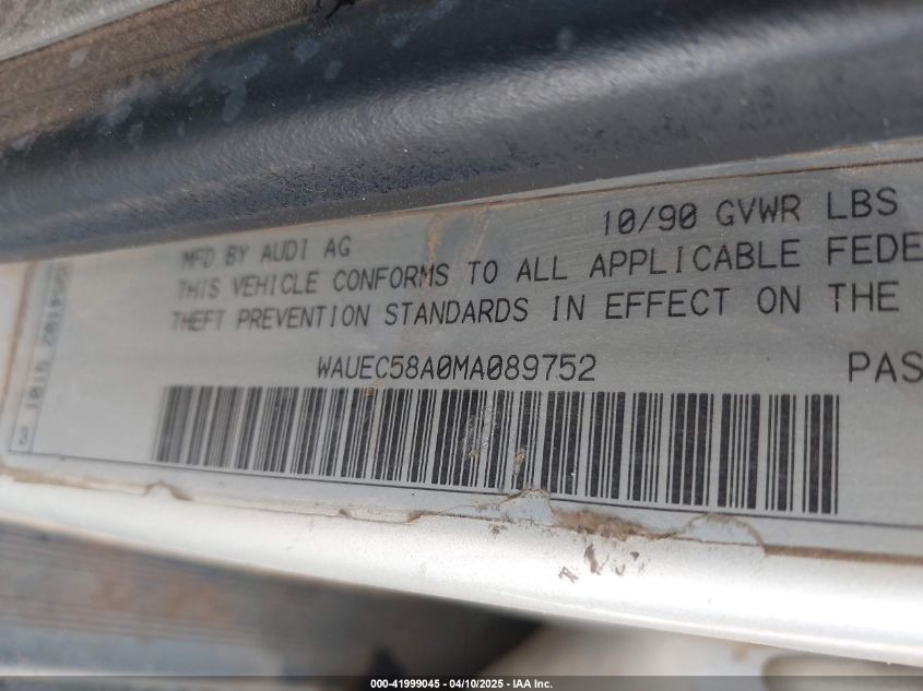 1991 Audi 80 VIN: WAUEC58A0MA089752 Lot: 41999045