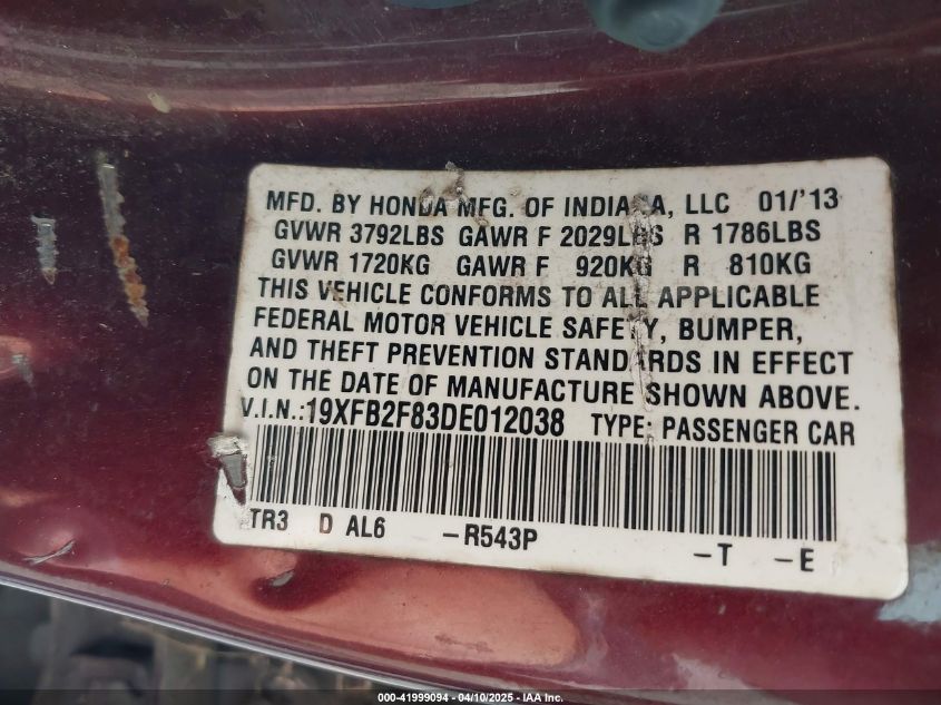 2013 Honda Civic Ex VIN: 19XFB2F83DD012038 Lot: 41999094