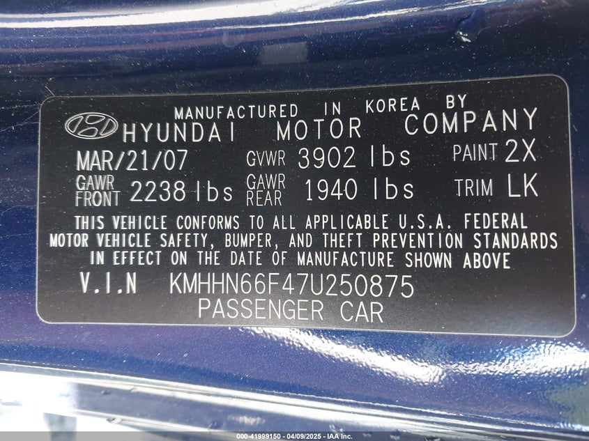 2007 HYUNDAI TIBURON VIN: KMHHN66F47U250875