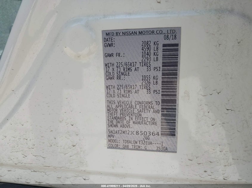 2018 NISSAN ROGUE SV - 5N1AT2MT2JC850364