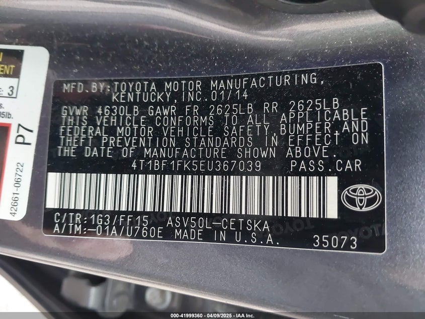 2014 TOYOTA CAMRY VIN: 4T1BF1FK5EU367039