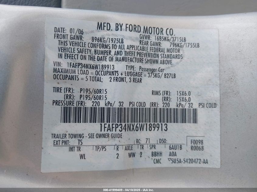 2006 Ford Focus Zx4 VIN: 1FAFP34NX6W189913 Lot: 41999409