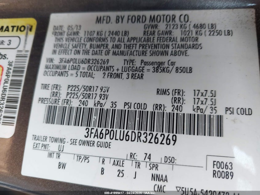 2013 FORD FUSION HYBRID VIN: 3FA6P0LU6DR326269