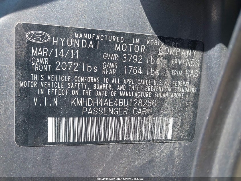 2011 HYUNDAI ELANTRA VIN: KMHDH4AE4BU128230