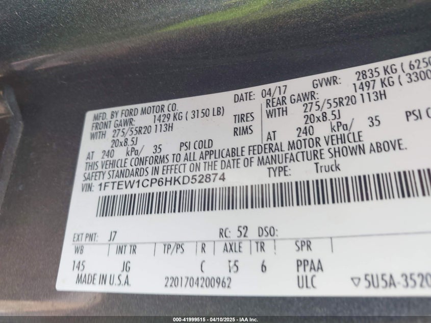 2017 FORD F150 VIN: 1FTEW1CP6HKD52874