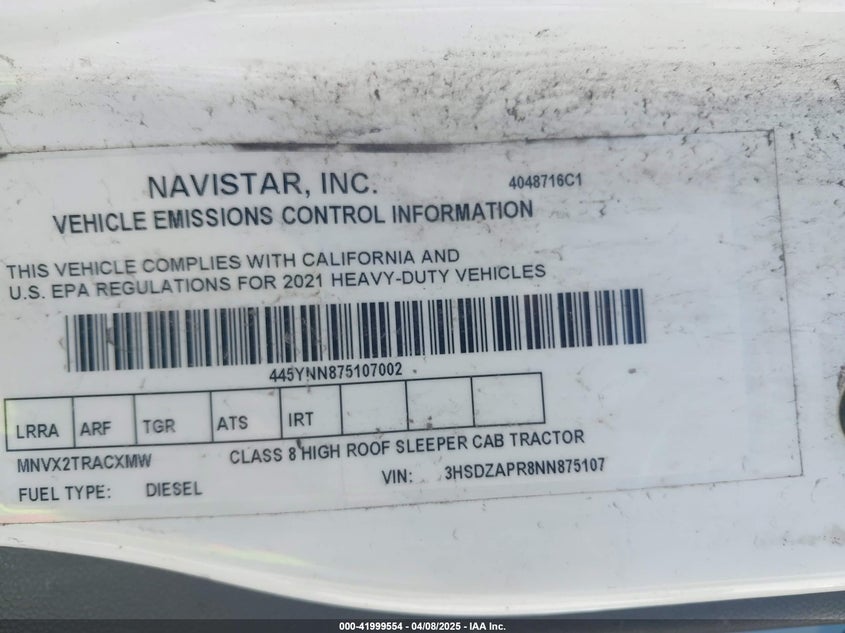 2022 INTERNATIONAL LT(VIN: 3HSDZAPR8NN875107