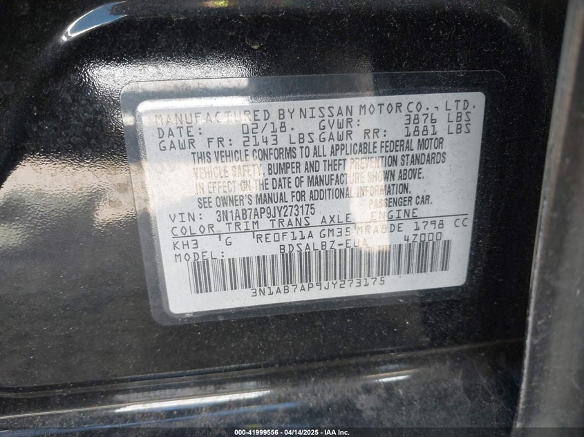 VIN 3N1AB7AP9JY273175 2018 NISSAN SENTRA S