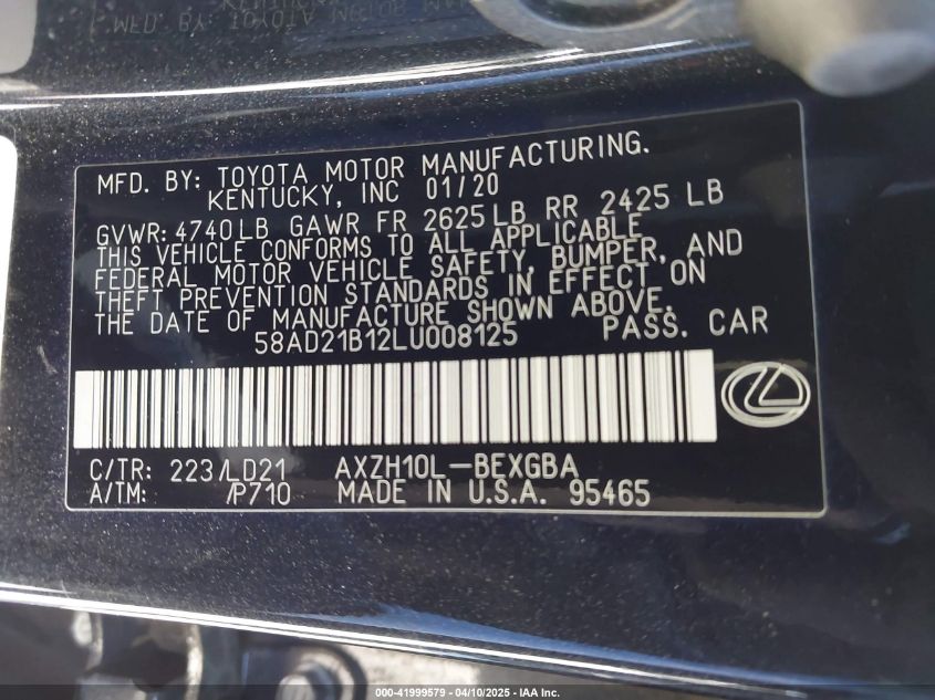 2020 Lexus Es 300H VIN: 58AD21B12LU008125 Lot: 41999579