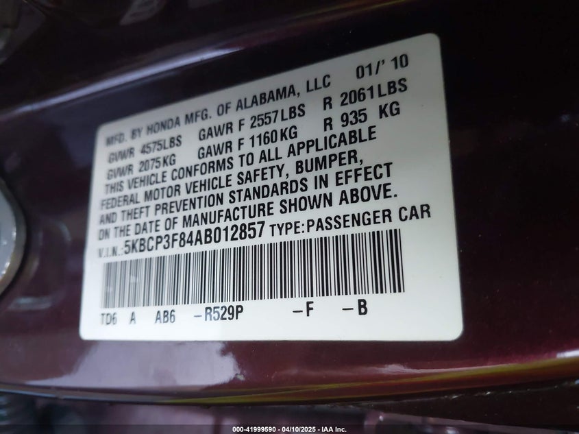 2010 HONDA ACCORD VIN: 5KBCP3F84AB012857