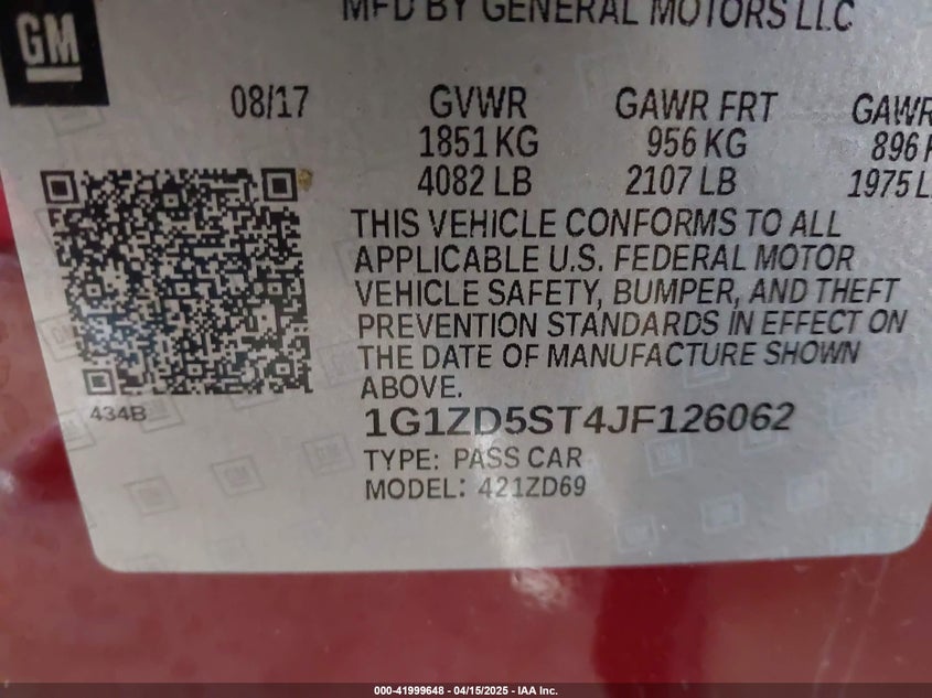 2018 CHEVROLET MALIBU VIN: 1G1ZD5ST4JF126062
