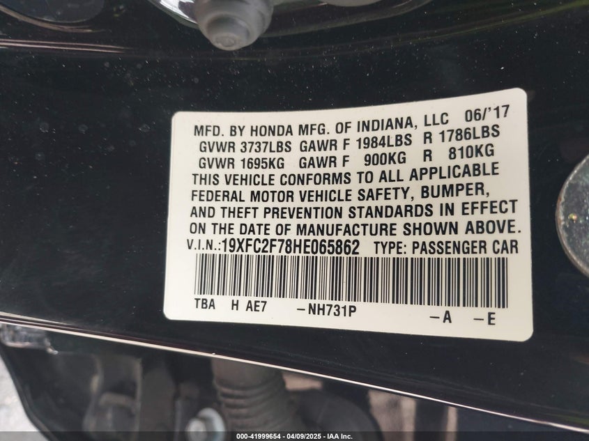 2017 HONDA CIVIC VIN: 19XFC2F78HE065862