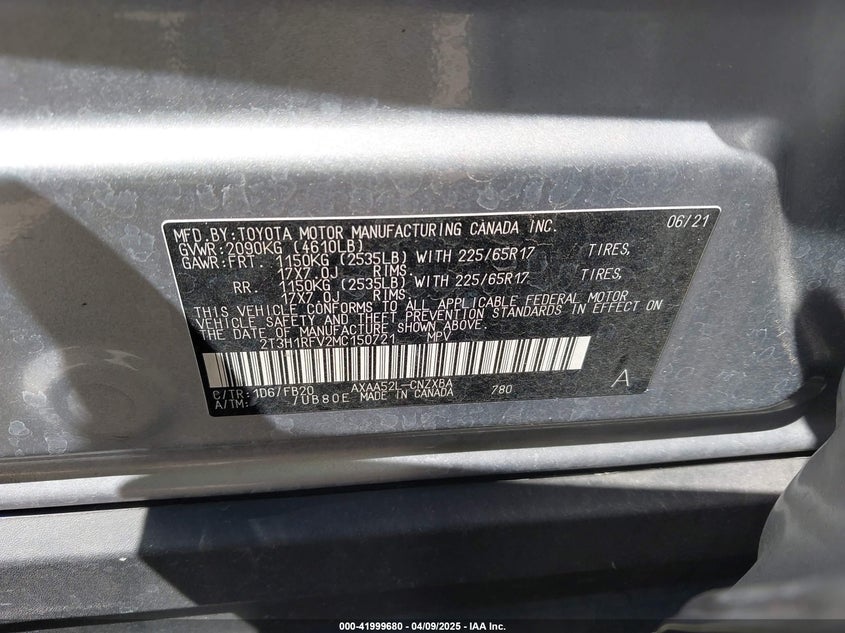 2021 TOYOTA RAV4 VIN: 2T3H1RFV2MC150721