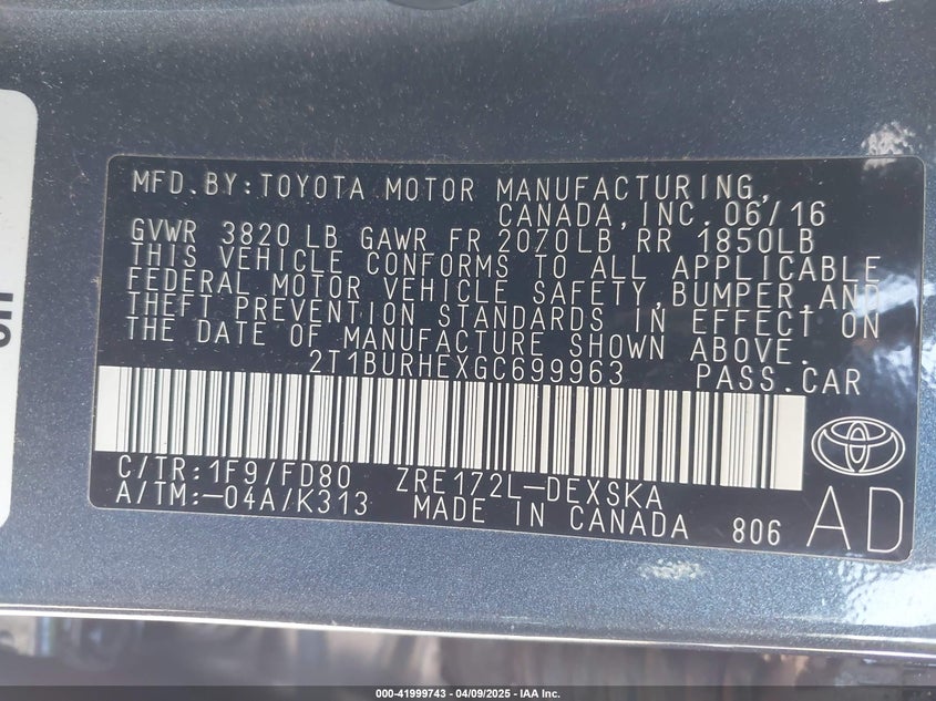 2016 TOYOTA COROLLA VIN: 2T1BURHEXGC699963