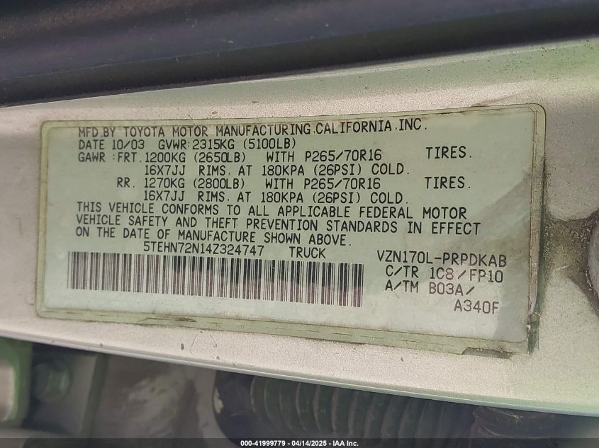 2004 Toyota Tacoma Base V6 VIN: 5TEHN72N14Z324747 Lot: 41999779