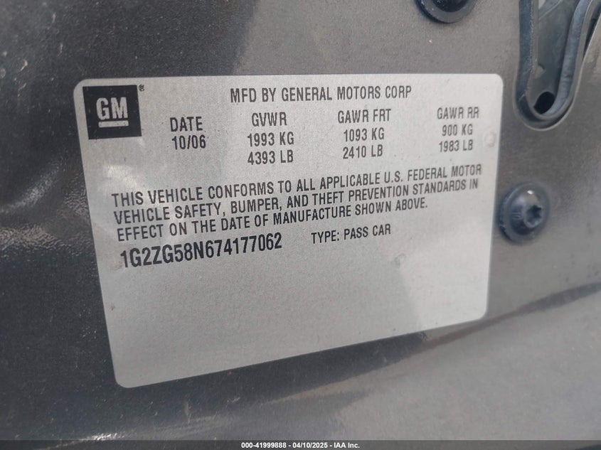 2007 PONTIAC G6 VIN: 1G2ZG58N674177062