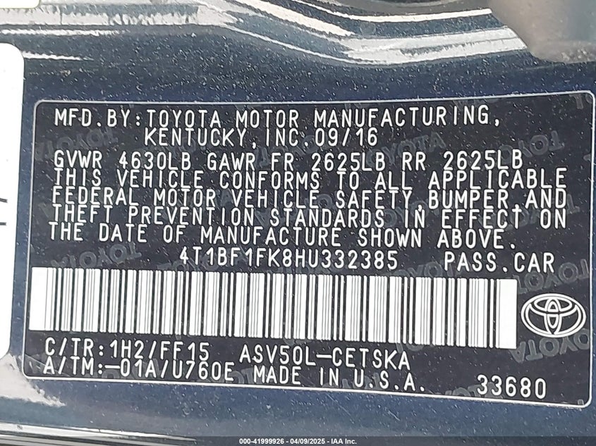 2017 TOYOTA CAMRY VIN: 4T1BF1FK8HU332385