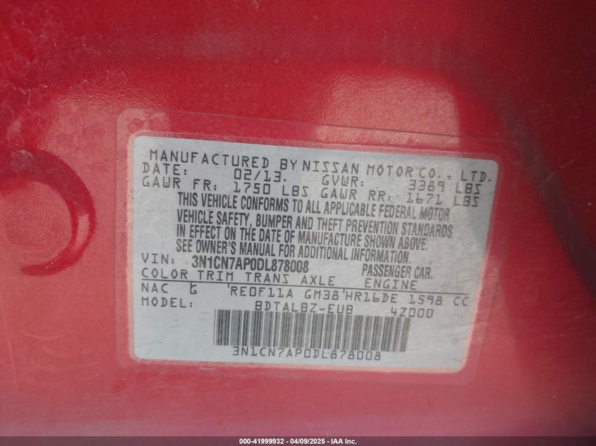 2013 NISSAN VERSA 1.6 SV - 3N1CN7AP0DL878008