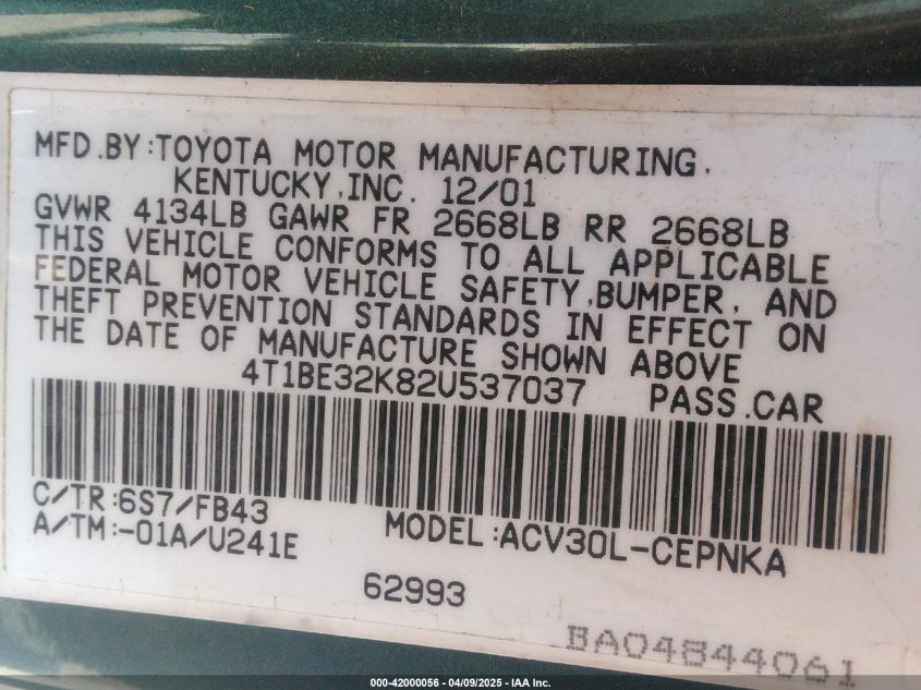 2002 Toyota Camry Le VIN: 4T1BE32K82U537037 Lot: 42000056