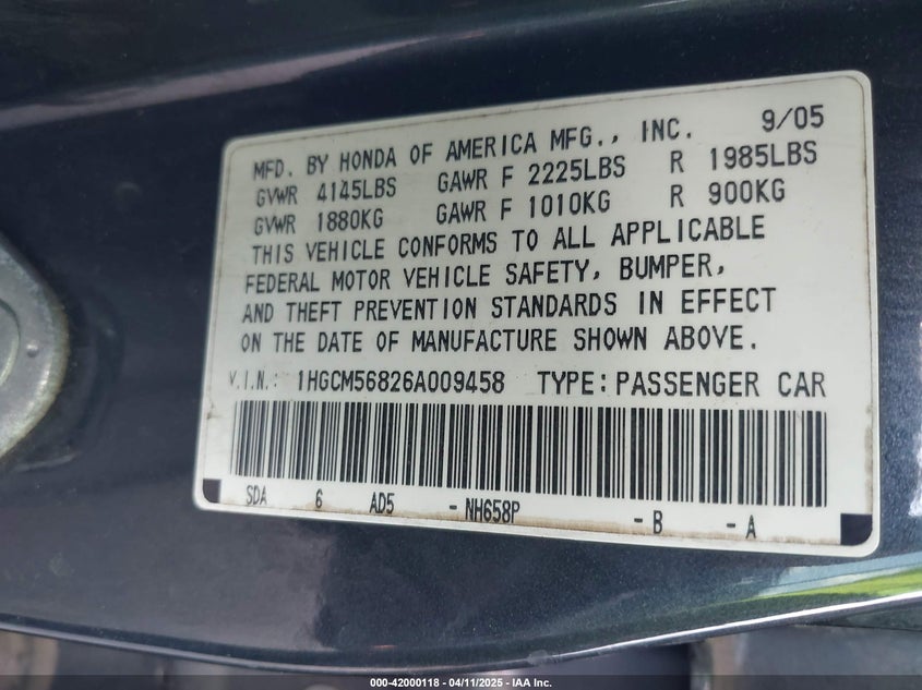 2006 HONDA ACCORD VIN: 1HGCM56826A009458