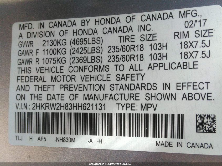 2017 Honda Cr-V Ex-L/Ex-L Navi VIN: 2HKRW2H83HH621131 Lot: 42000191