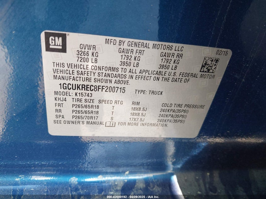 2015 Chevrolet Silverado 1500 1Lt VIN: 1GCUKREC8FF200715 Lot: 42000192