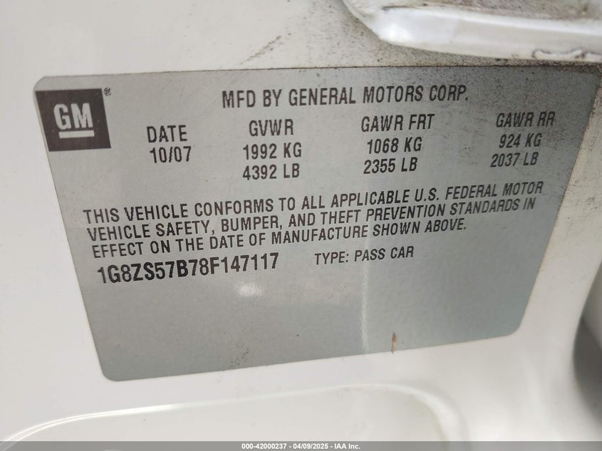 2008 SATURN AURA VIN: 1G8ZS57B78F147117