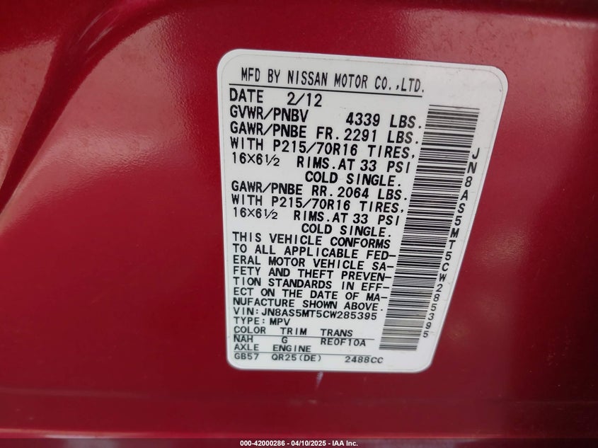 2012 NISSAN ROGUE VIN: JN8AS5MT5CW285395
