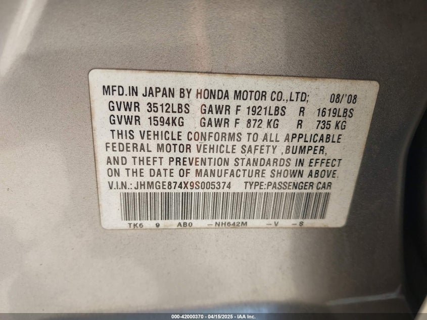 2009 HONDA FIT VIN: JHMGE874X9S005374
