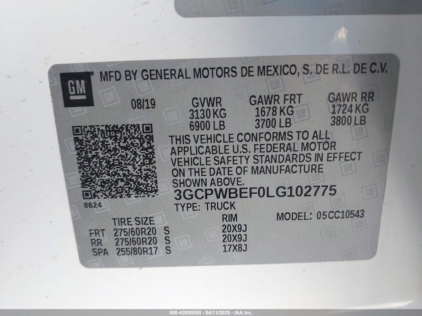 2020 CHEVROLET SILVERADO 1500 VIN: 3GCPWBEF0LG102775