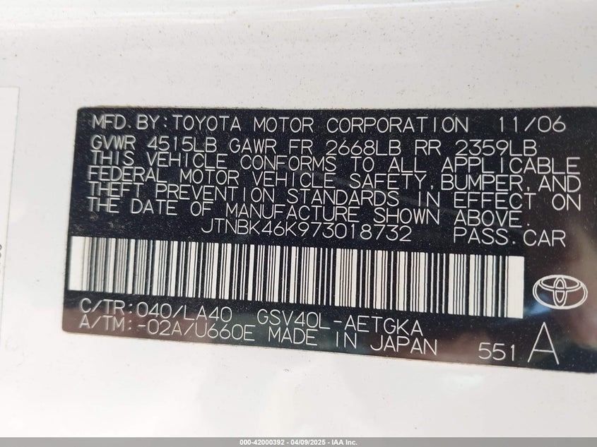 2007 TOYOTA CAMRY VIN: JTNBK46K973018732
