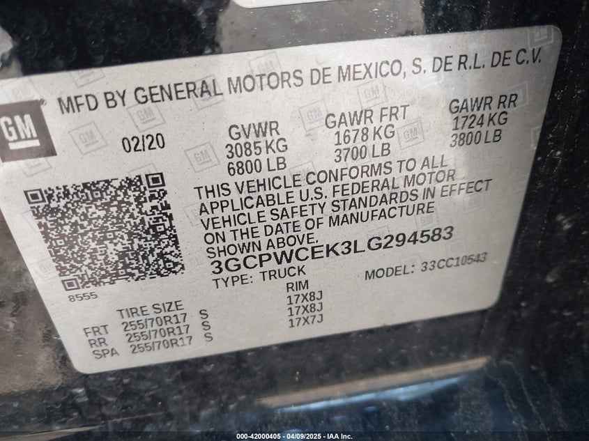 2020 CHEVROLET SILVERADO 1500 VIN: 3GCPWCEK3LG294583