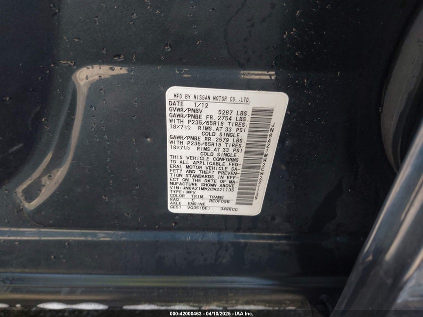 2012 NISSAN MURANO VIN: JN8AZ1MW2CW221135