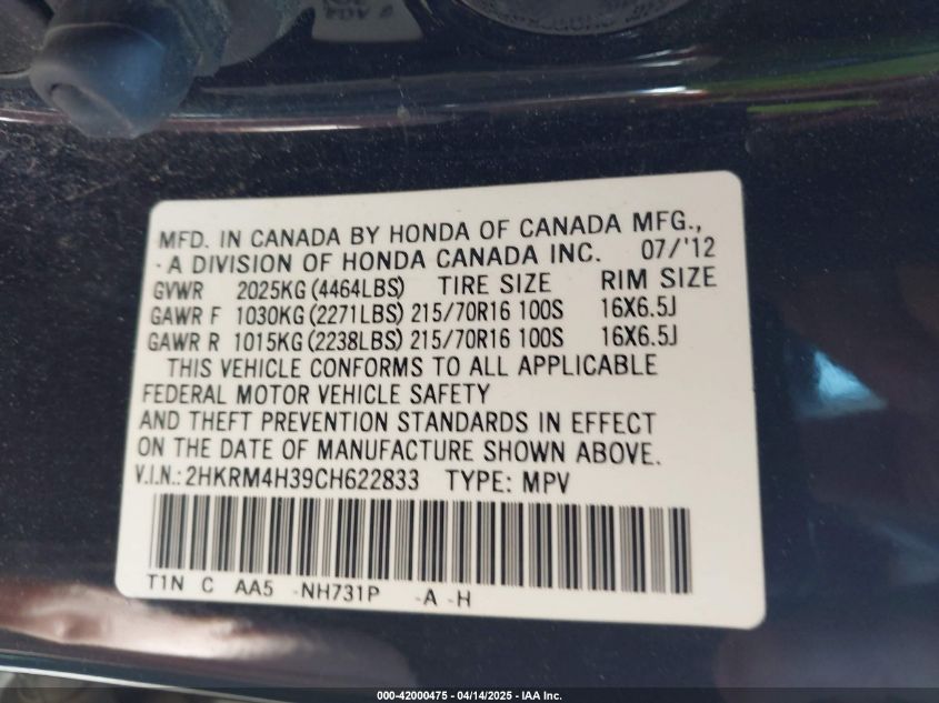 2012 Honda Cr-V Lx VIN: 2HKRM4H39CH622833 Lot: 42000475