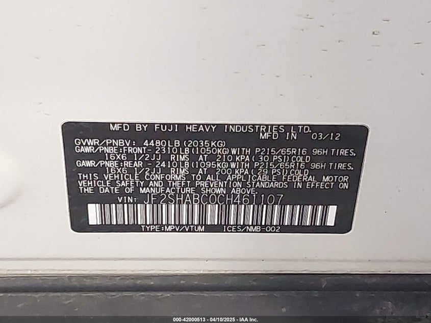 2012 SUBARU FORESTER VIN: JF2SHABC0CH461107